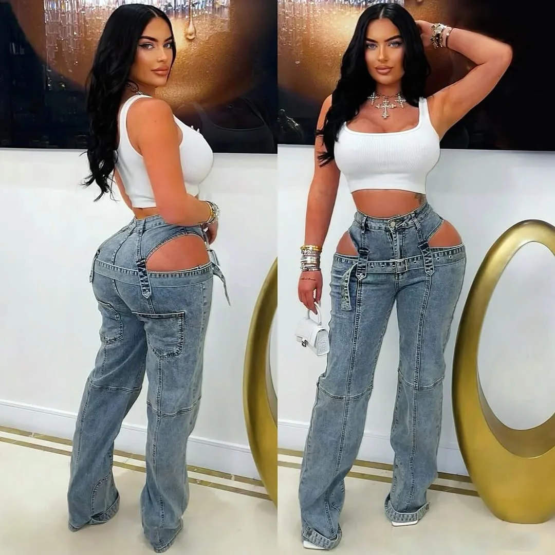

Women Denim Pants Fashion Patchwork Belt Hollow Out High Waist Straight Denim Pants Streetwear Casual Loose Wide Leg Pant Jeans
