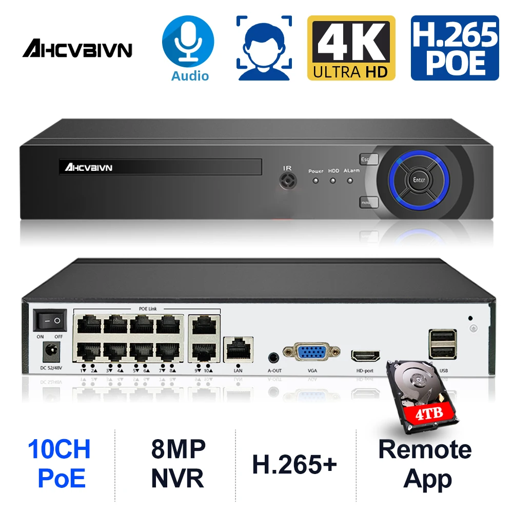 

H.265 8 Channel CCTV POE NVR Security System 4K Face Detection XMEYE RJ45 Network Surveillance Video Recorder P2P 10CH 8MP