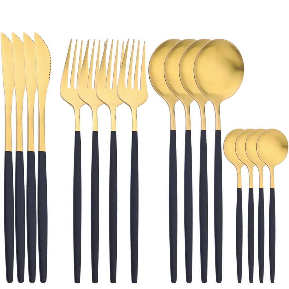 16Pcs Cutlery Set Black Gold Dinnerware Set Stainless Steel Matte Knife Fork Spoon Kitchen Silverware Flatware Tableware Set