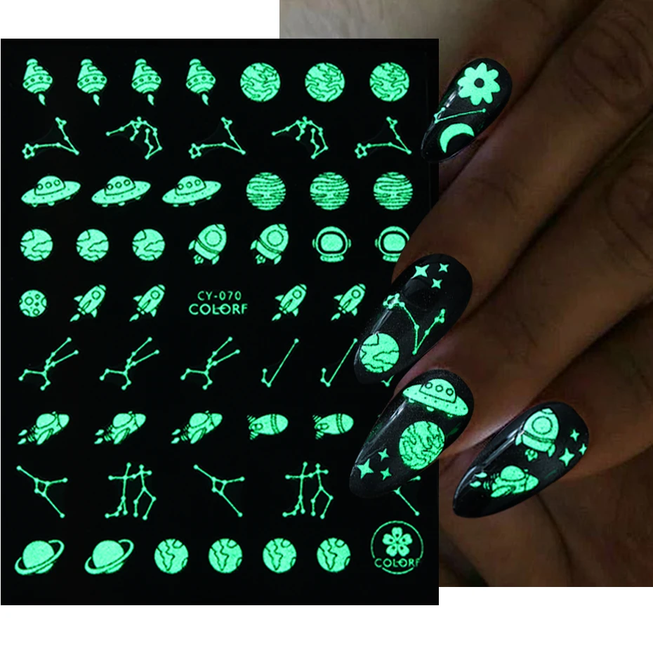 3D Space Luminous Stickers for Nail Planet Galaxy Glow in the Dark Decals DIY Manicure Adhesive Slider Decoration Accessory LACY