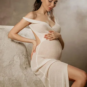 Fotoğraf çekimi için sıkı pamuk hamile elbiseleri Backless şeffaf bölünmüş uzun gebelik elbise kadınlar hamile kıyafetleri
