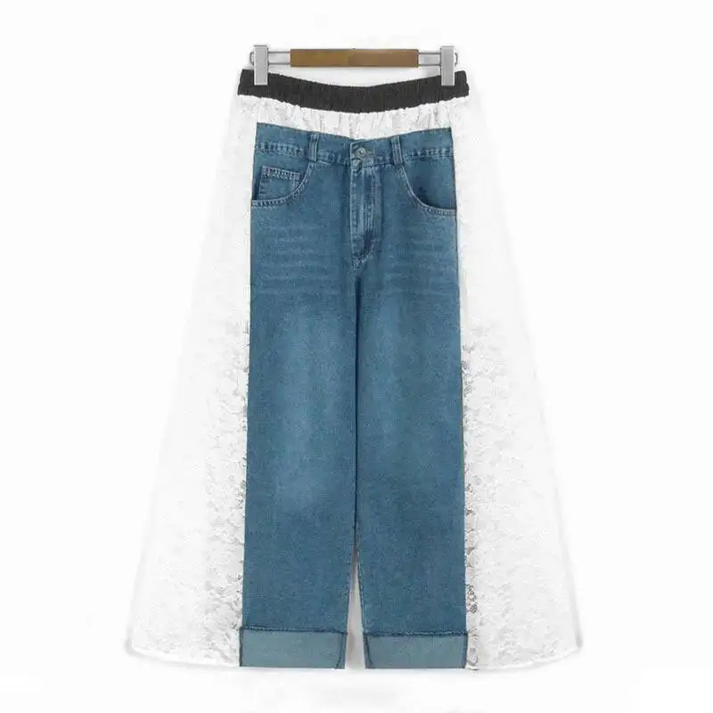 ANJY Autumn New Women Chic Jeans Lace Patchwork Denim Contrast Color Elastic Waist High Street Sweet Casual Wide Leg Pants A9319