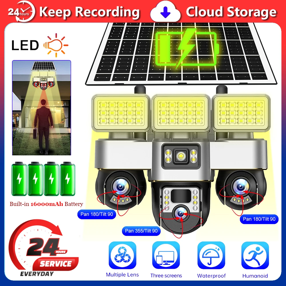 

4G Solar Camera with 3/4G SIM Card Lte 100M Trial Data Smart Home Security Protection IP Wireless PTZ Remote 3 Lens CCTV Cameras
