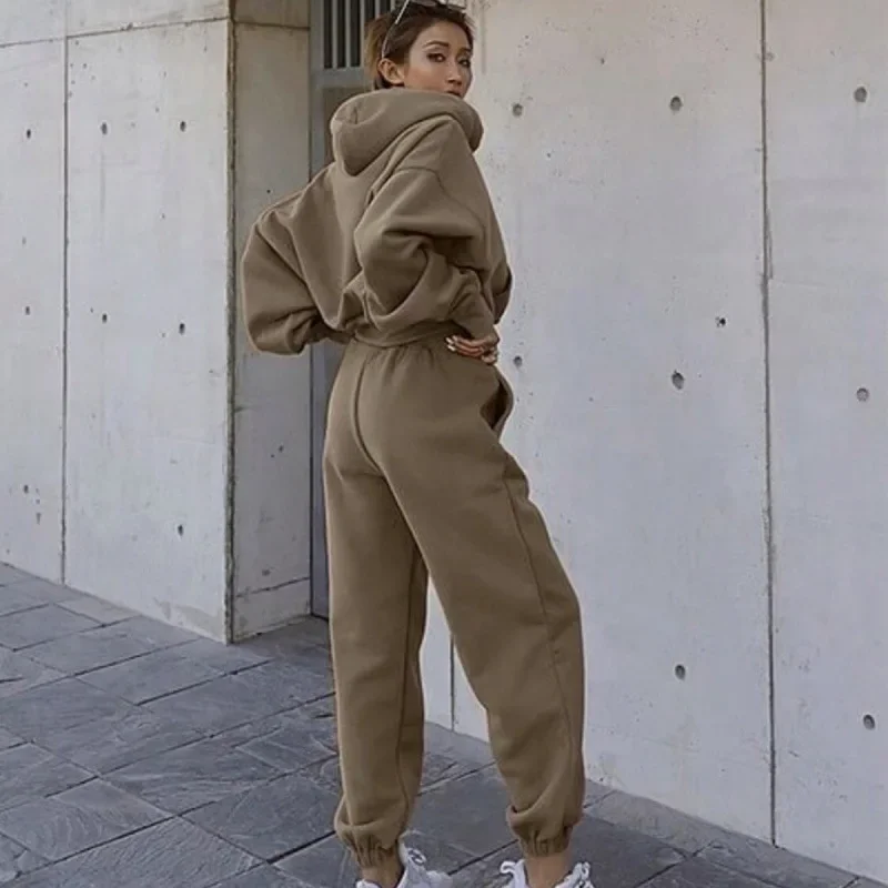 Two Piece Set Women Hooded Sweatshirt Pant Sets Solid Full Sleeve Thick Tops Pullover Pockets Midi Waist Trousers Sporty Suit