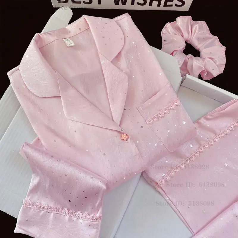 Fashion Sequin Home Clothes Pink Long Sleeve Pajamas Set Women Ice Silk Sleepwear Loungewear Spring Summer New Nightwear Pyjamas
