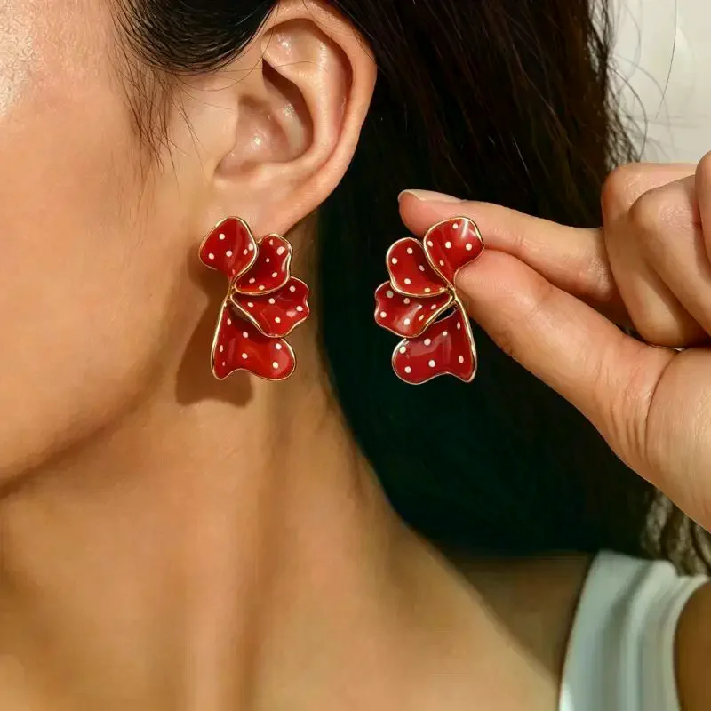 Personality Fashion Polka Dot Flower Drop Earrings: Exquisite Vintage Petal Dangle Trendy Jewelry