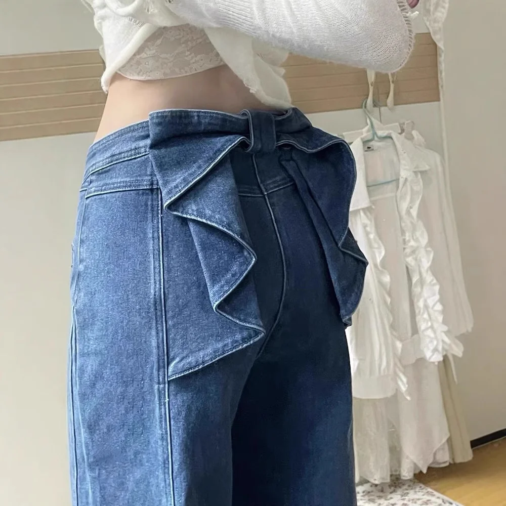 Franse stijl strikjeans Veelzijdige damesbroek met hoge taille en rechte pijpen Klassiek blauw High Street losse denimbroek met wijde pijpen