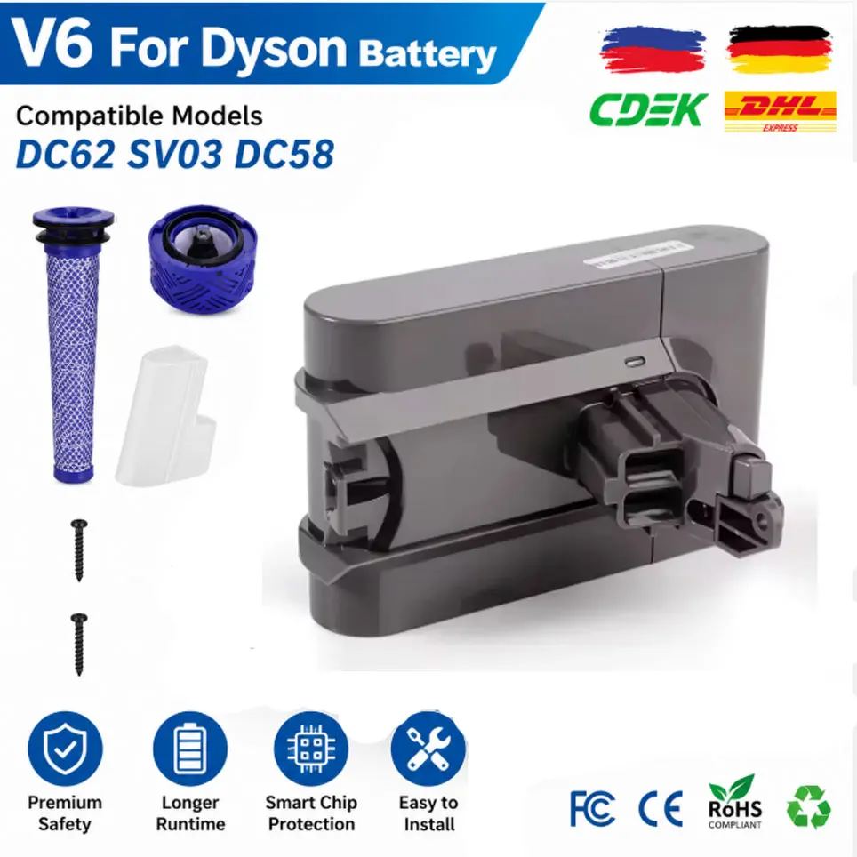 Image of EU-Lager 21,6V 9800mAh Staubsauger-Ersatzakku Kompatibel mit Dyson V6 DC58 DC59 DC62 SV03 SV04 SV09 Für V6 Animal Motorhead Slim Absolute Schnelle Lokale Lieferung