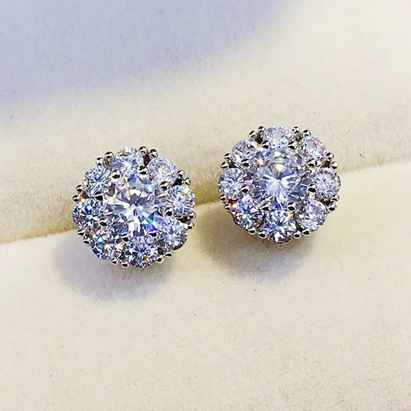 Fashion Snowflake 925 Sterling Silver Stud Earrings Round Simulated Diamond Earrings for Women Jewelry female Korea Earrings