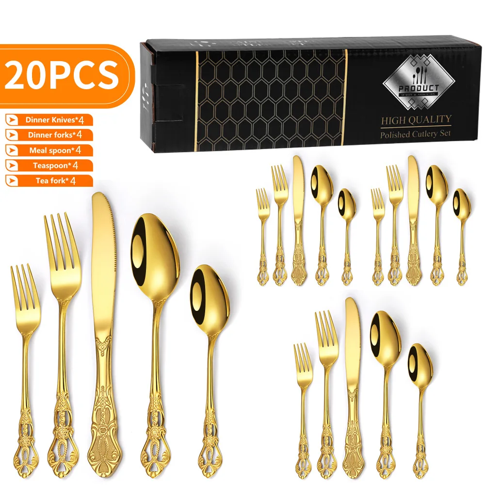 20pcs Gold embossed high-end stainless steel cutlery set Retro Design Royal European Spoon Fork set Dessert Fork Steak knife