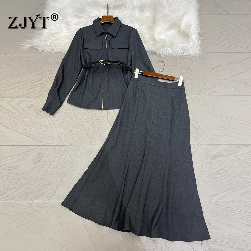 

ZJYT Дизайнерские элегантные комплекты платьев из двух предметов Женский топ с длинным рукавом и поясом и длинная юбка-труба Костюм Серый наряд Офисная вечеринка