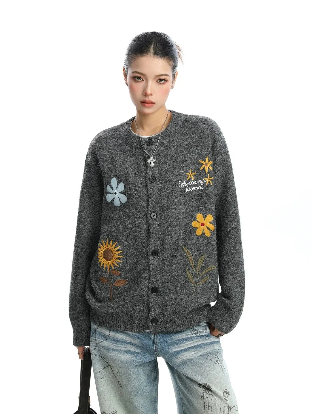 Casual Style Women's Knitted Cardigan Sweater Embroidered Floral Loose Fit Autumn Winter Fashion Top Polyester Fiber Long Sleeve