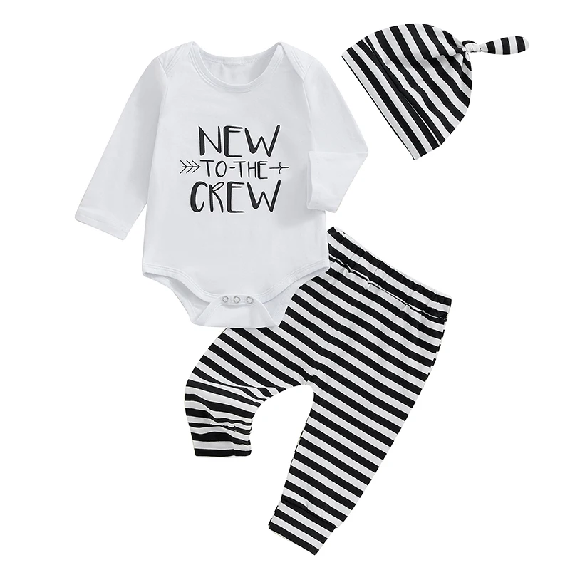 

Newborn Baby Boy Fall Outfit Long Sleeve Letter Print Romper Top Striped Elastic Waist Pants Hat 3Pcs Tracksuit Casual Set