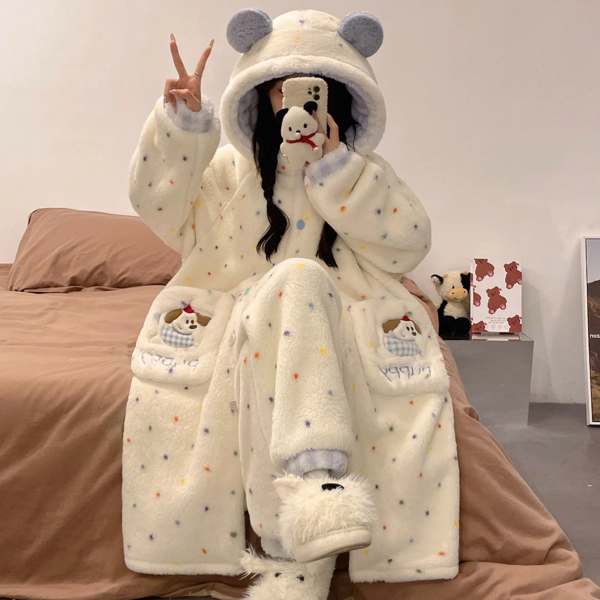 Generic Women Coral Fleece Pajama Set Thick Warm Hooded Loungewear Cute Cartoon Winter Homewear For Indoor Outdoor Wear