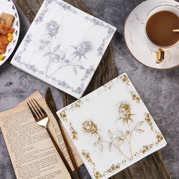 Servilletas de papel con estampado de rosas doradas y plateadas, servilletas de boda sencillas de colores, papel de fiesta de pulpa de madera pura, 20 piezas/Pac, 33x33cm