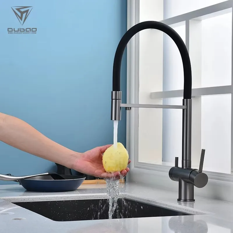 High Quality Brass Kitchen Faucet Purified Hot Cold Mixer Pull Out Spray Stream Mode Filter Water Sink Kitchen Tap,Gun Grey