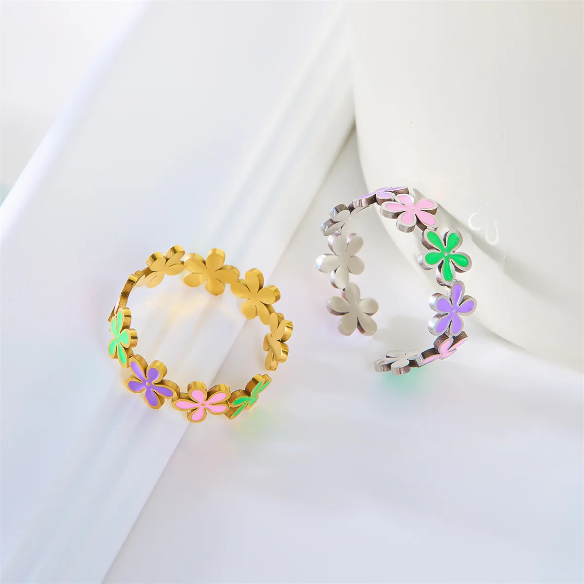 Exquisite Stainless Steel Colorful Enamel Flower Opening Rings For Women Men Fashion Vintage Butterfly Heart Finger Ring Jewelry