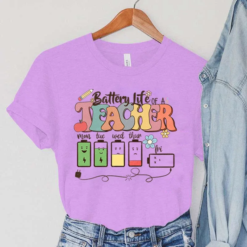 Battery Life of Teacher Print T Shirt Women Summer Tshirt Casual Female Tees for Lady Short Sleeve Kpop Y2K Tops Harajuku