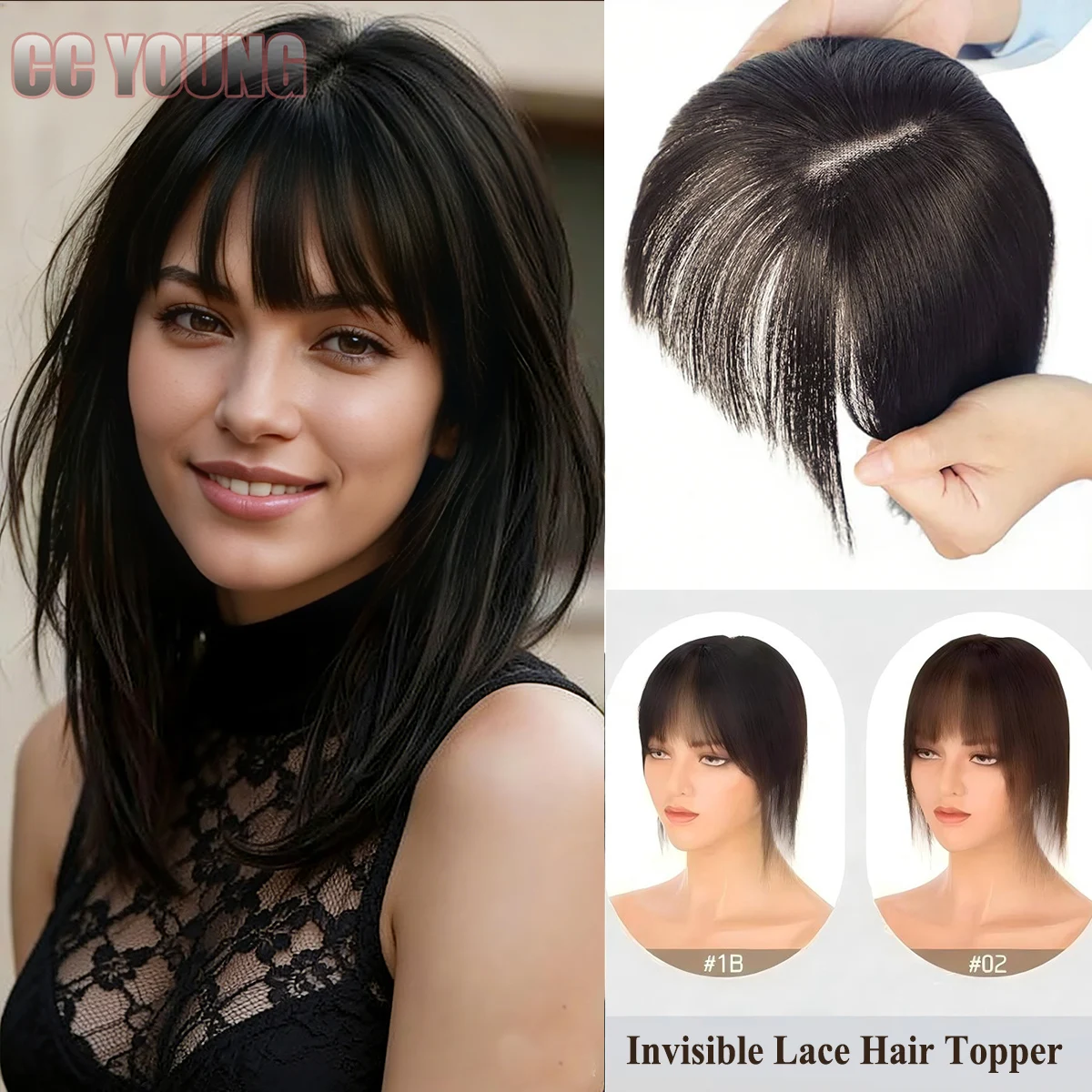 100% Human Hair Topper with Bangs 360° 3D Cover Wispy Bangs Hair Pieces for Women Clip in Lace Base Real Human Hair Topper