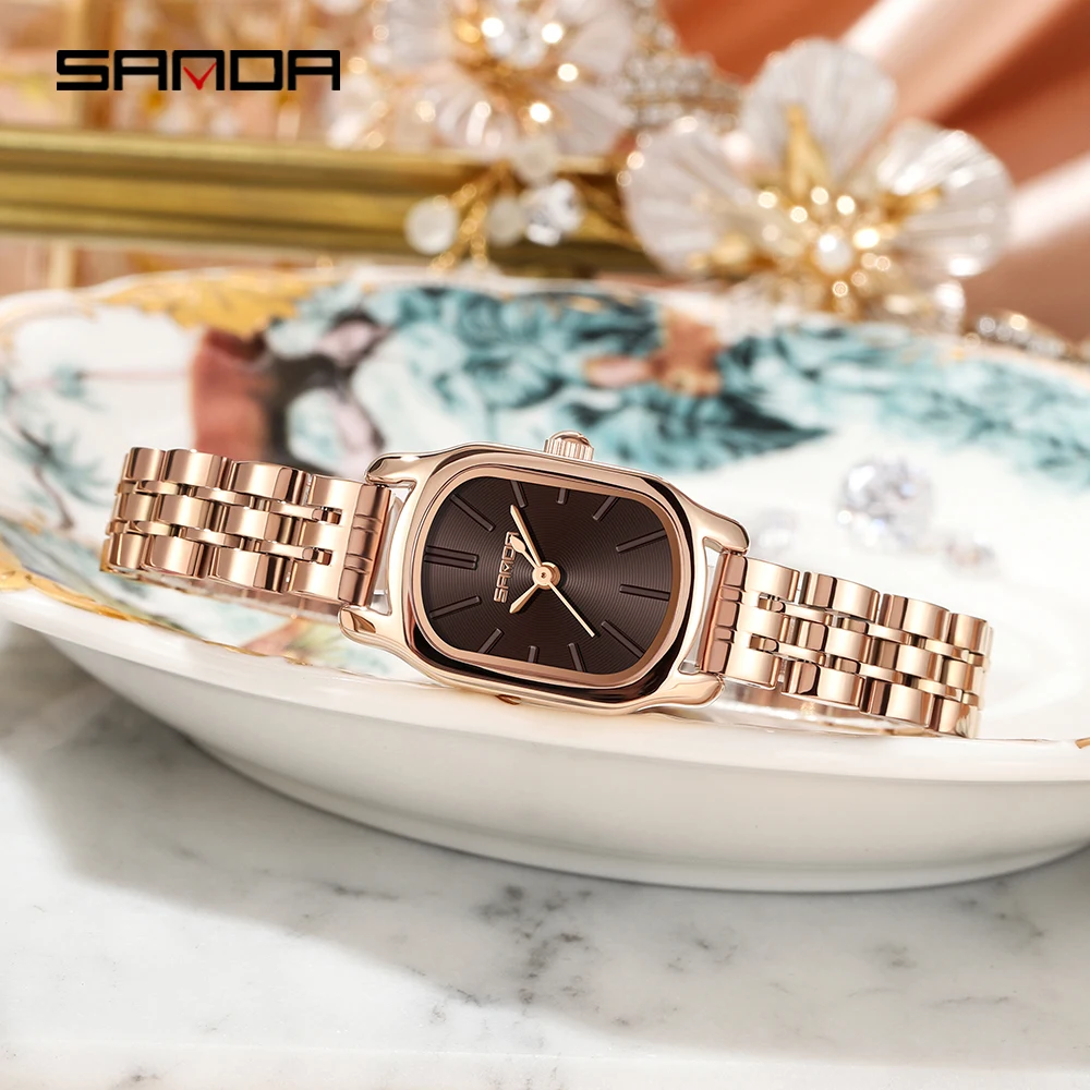 SANDA Genuine Watch New Womens Quartz Watch Casual Fashion Rose Gold Case Womens Watches Maroon Leather Strap Waterproof P1104