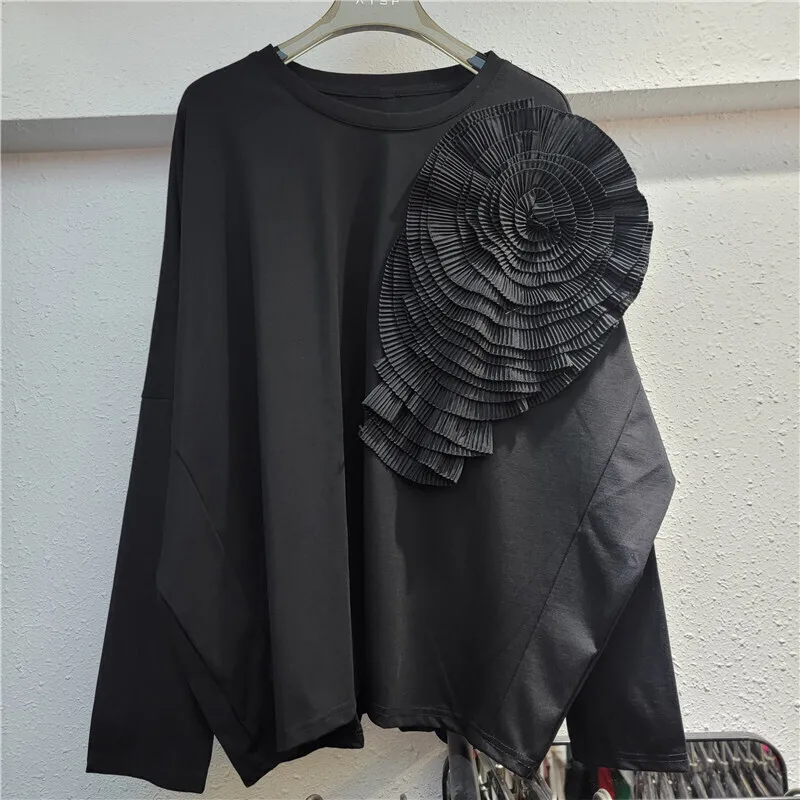 [EWQ] Casual Full Sleeve O-neck 3D Flowers T Shirt Tops Solid Loose Sweet O-neck Pullover Shirts Women 2025 Autumn New 16U8296