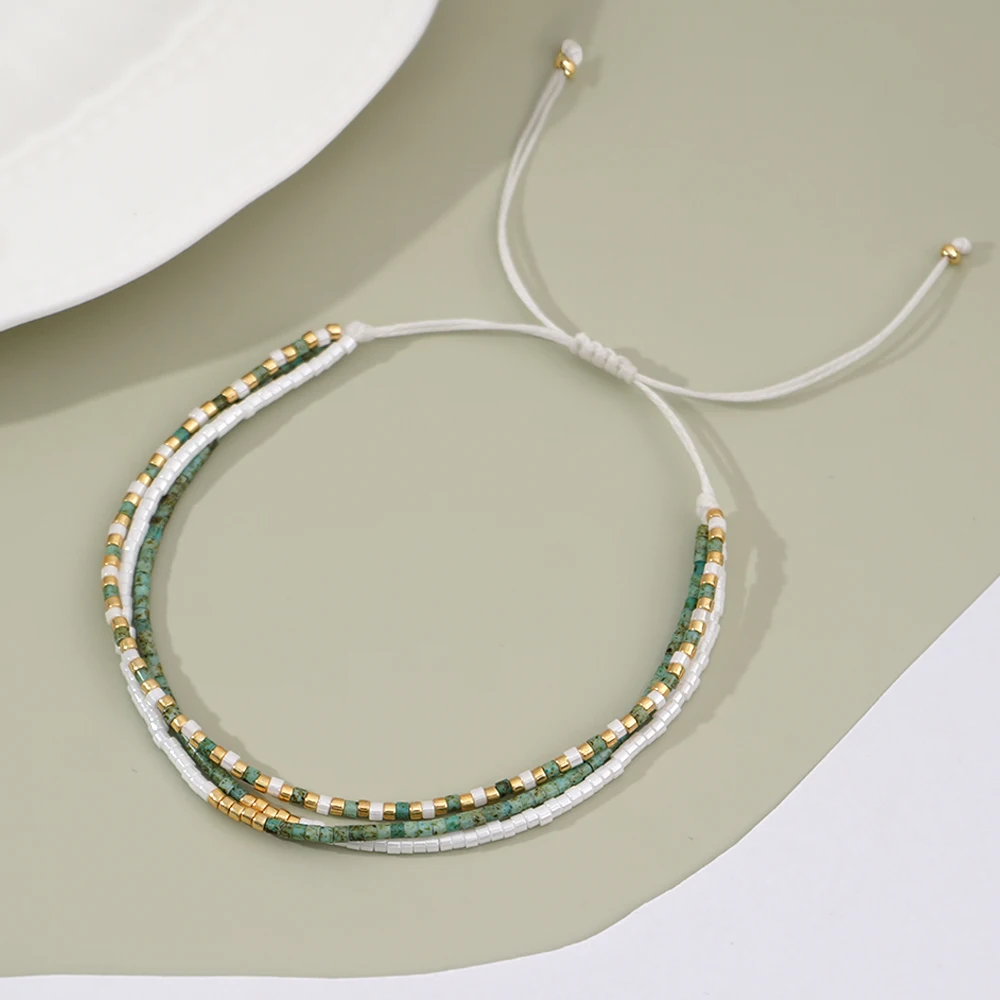 1pc vintage Bohemian style copper bead mixed color glass bead three circle adjustable bracelet suitable for daily gift giving