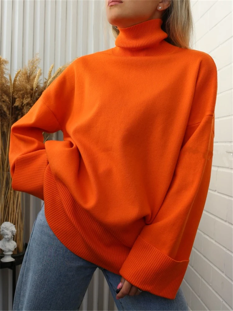 Orange Casual Loose Women\'s Turtleneck Sweaters Autumn Winter 2022 New Solid Long Flare Sleeve Pullover Elegant Sweater Female