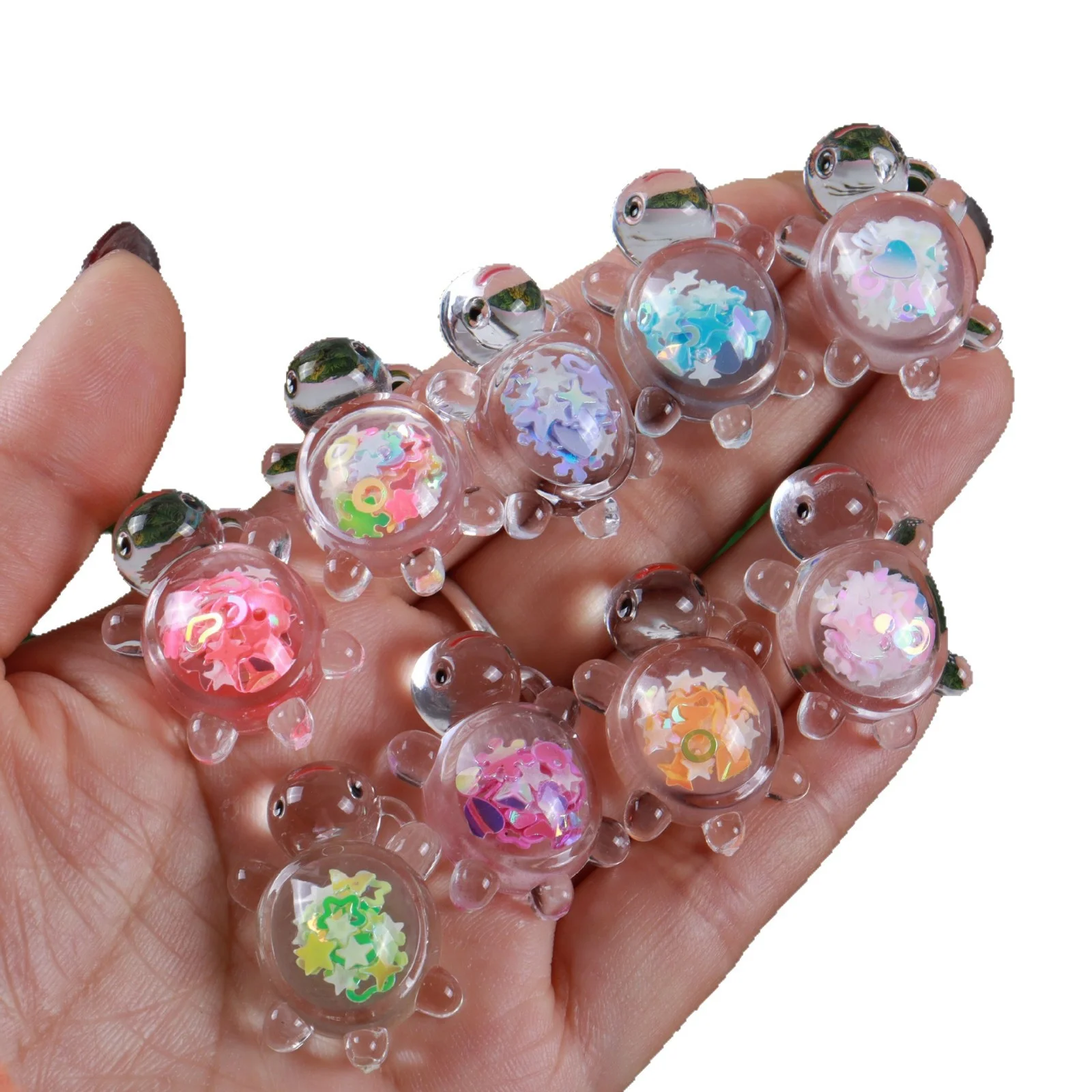 10 Stück/Set Leuchtende Pailletten-Schildkröten-Anhänger Transparente Harz-Mini-Schildkröten-Figuren DIY-Bastelzubehör für Schlüsselanhänger und Schmuck – Detail 8