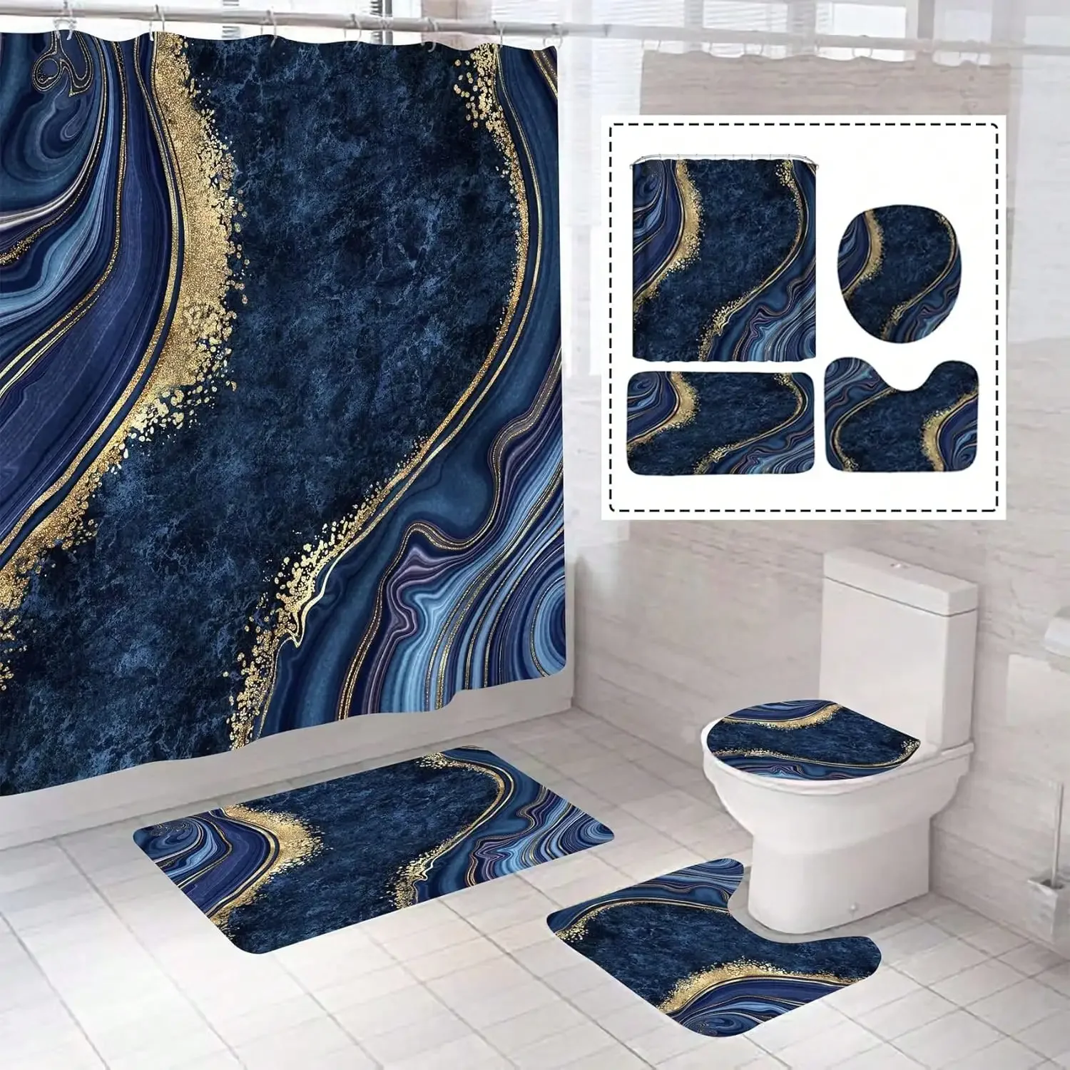 4Pcs Luxury Marble Shower Curtain Sets, Bathroom Sets with Shower Curtain, Toilet Lid Rug, Bath Mat and Contour Mat, Shower Curtain with 12 Hooks for Bathroom Set Decor 72 x 72 Inch, Black - view 8