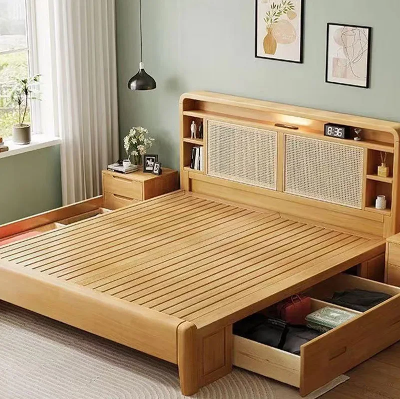 Solid wood rattan bed log storage double bed home master bedroom bed