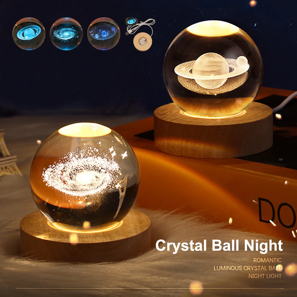 Crystal Ball Night Creative 3D Luminous Planet Milky Way Rechargeable Astronomical Night Light Tabletop Decoration Ornament Gift