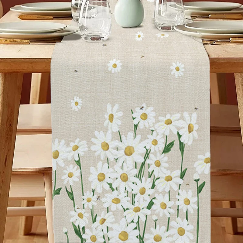 1PCS White Daisy Table Runner Rustic Cotton Linen Daisy Table Flag Colorful Printed Table Cover Fresh Style Home Decoration
