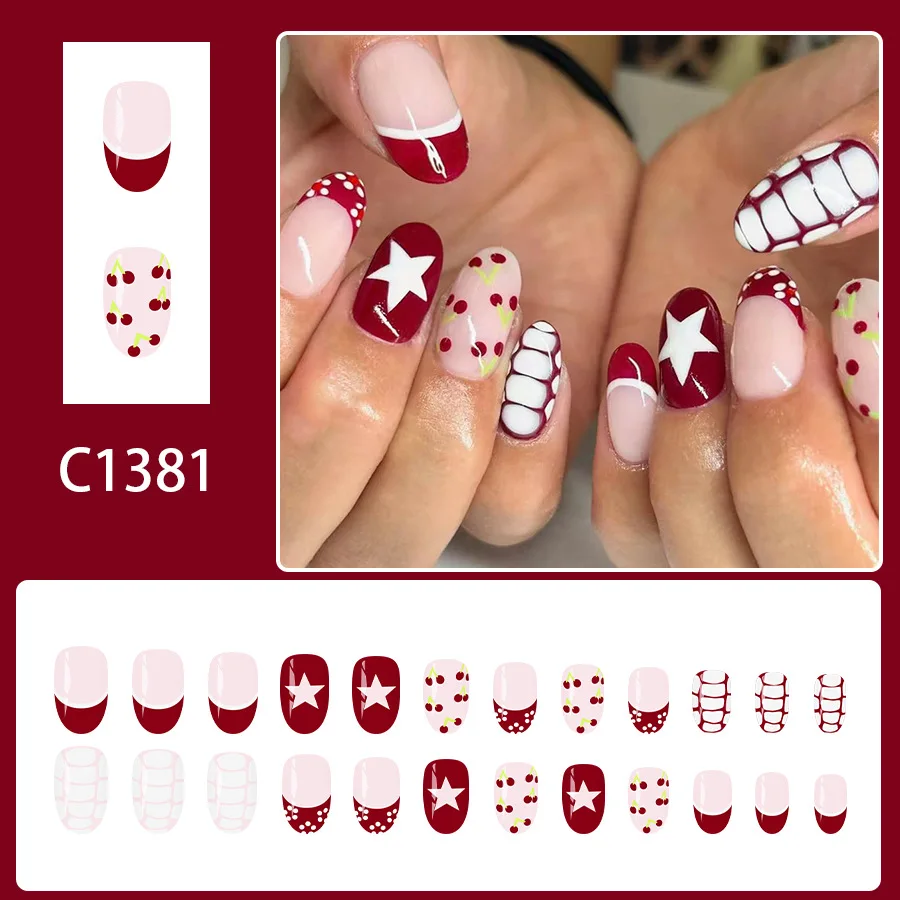 24 قطعة لامعة قصيرة البيضاوي الأظافر كاذبة مع الغراء الملونة الأحمر الفرنسية الحلو الكرز ستار الأظافر وهمية التوابل فتاة يمكن ارتداؤها Ins مسمار نصائح