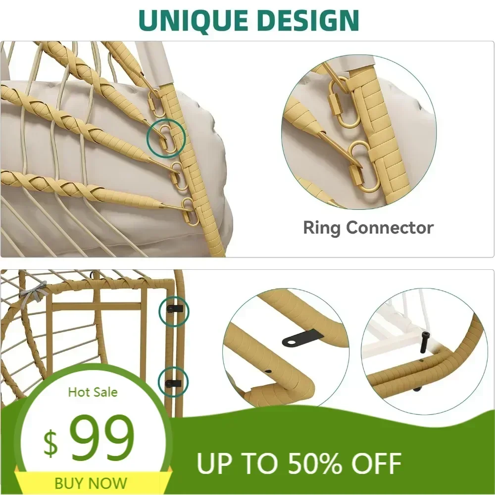 

Плетеное подвесное кресло-яйцо из ротанга с подставкой и подушкой, грузоподъемность 370 фунтов, складное кресло-качалка для отдыха