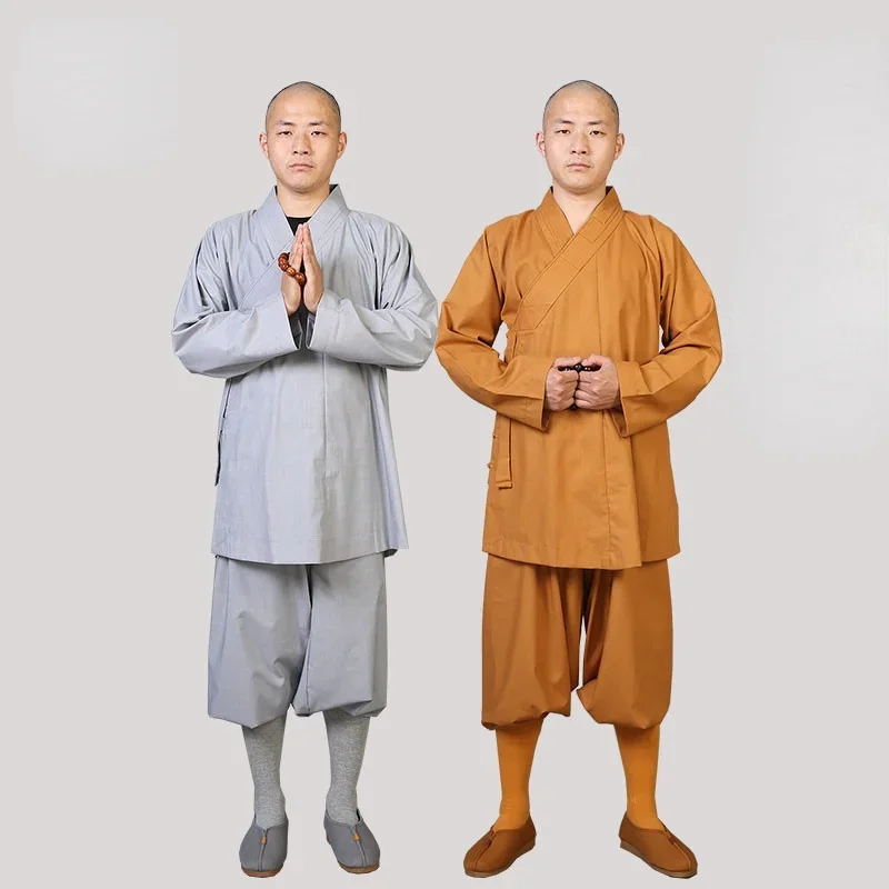 Gray Yellow Monks Adult Arhat Suit Buddhism Buddhist kungfu Monk Robes Confession Haiqing Clothes Sets Tai Chi Top and Pants