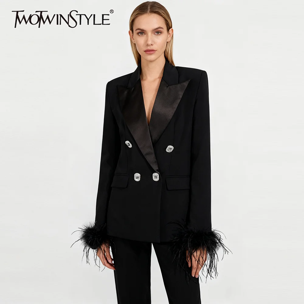 

TWOTWINSTYLE Solid Spliced Feathers Elegant Blazers for Women Lapel Long Sleeves Tunic Patchwork Buttons Fashion Blazer Female