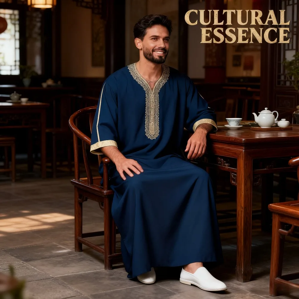 Men's Long Side Pocket Sleeve Robe for Daily Occasion Wearing Side Pocket Moroccan Embroidery Middle Eastern Muslim Robe