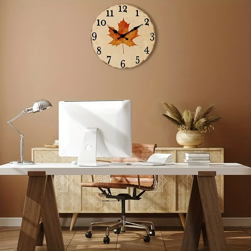 1pc 2D Flat Wall Clock Non-Ticking , Circular Clock Autumnal Maple Leaf Illustration Design for Bedroom, Dining Room