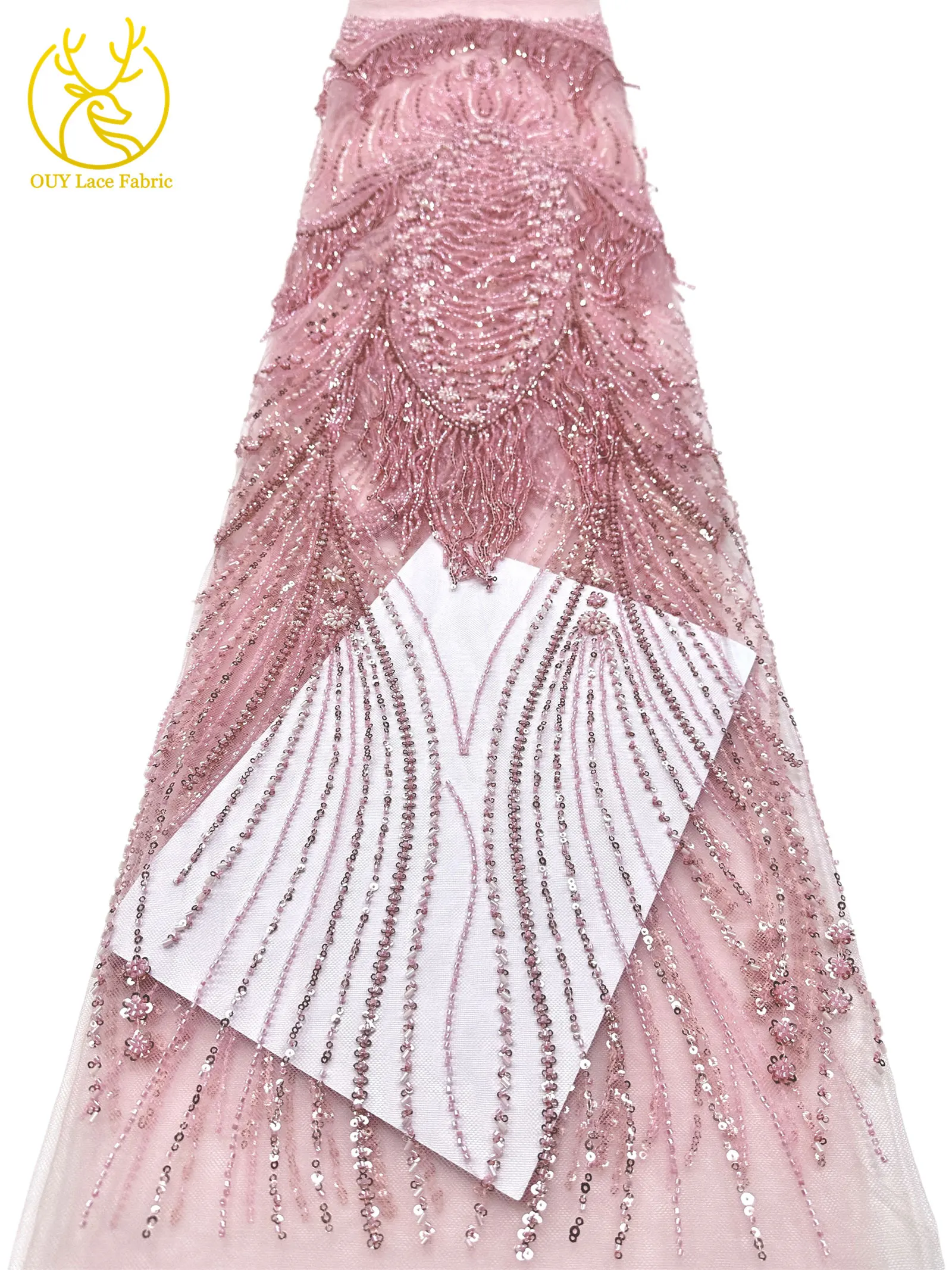 Grüner neuer Design-Tüllstoff mit afrikanischen 3D-Perlen, hochwertiger französischer Pailletten-Tüllstoff für Hochzeitskleider zum Nähen – Detail 12