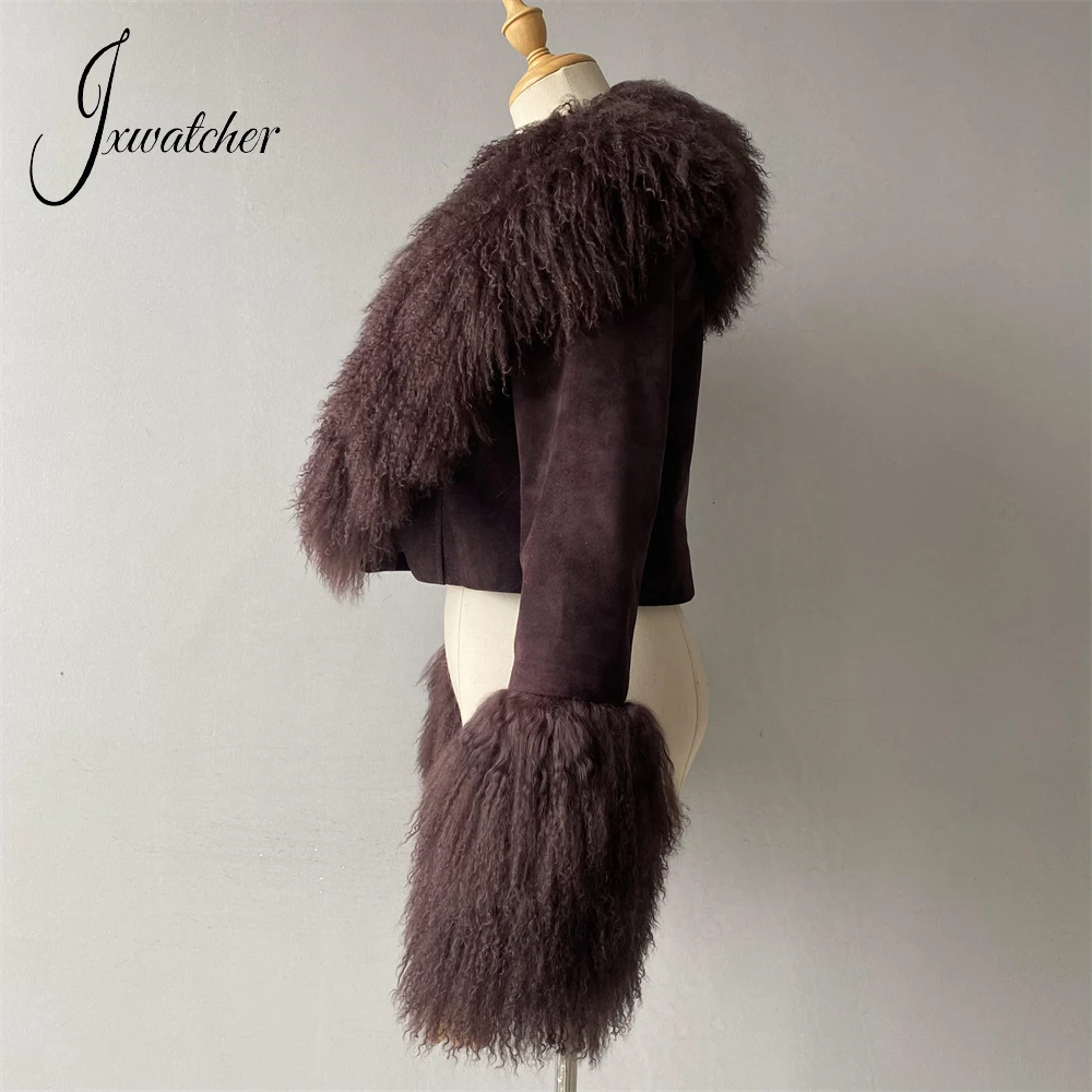 Jxwatcher-Chaqueta de ante Real con cuello de piel de oveja mongol grande para mujer, abrigo corto de moda de invierno, abrigos recortados de piel de cordero, nuevo