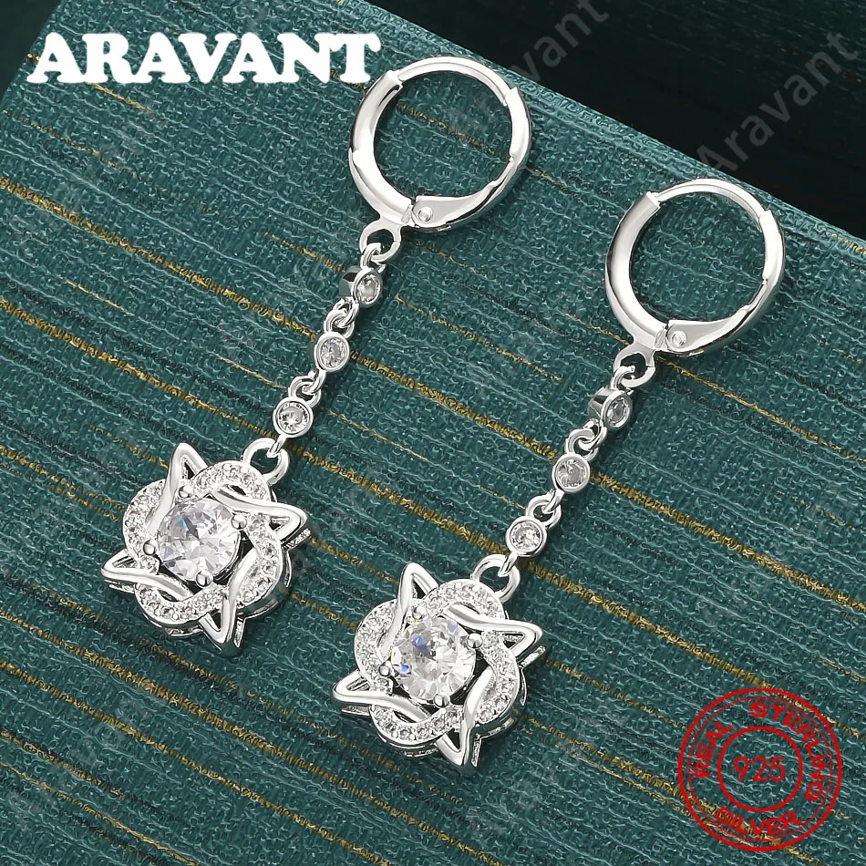 925 Sterling Silver Openwork Starburst Diamond-Studded Long Earrings - A Fresh And Elegant Design For Women'S Engagement Jewelry