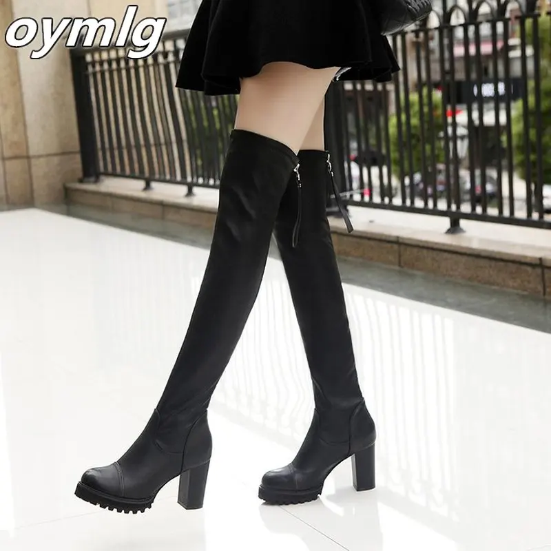 New Autumn Winter Women\'s Pu Leather Over The Knee Boots Back Zip Thick High Heel Platform Thigh Boots Ladies Fashion Shoe Black