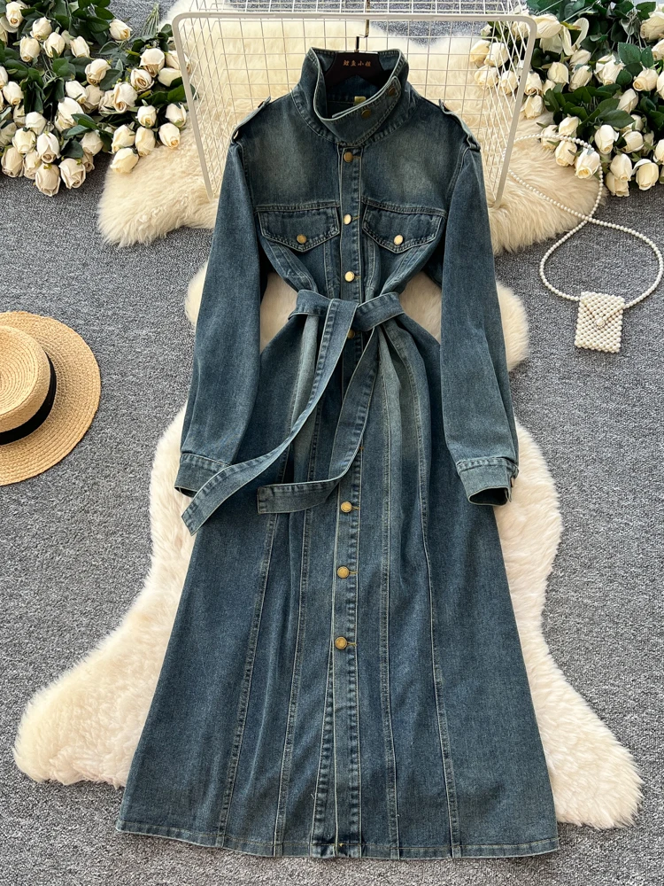 

Retro Denim Sle Long Sve Turn-down Collar Ele Slimming A-line Dr High Waist Commute Workwear Summer Women's Dr