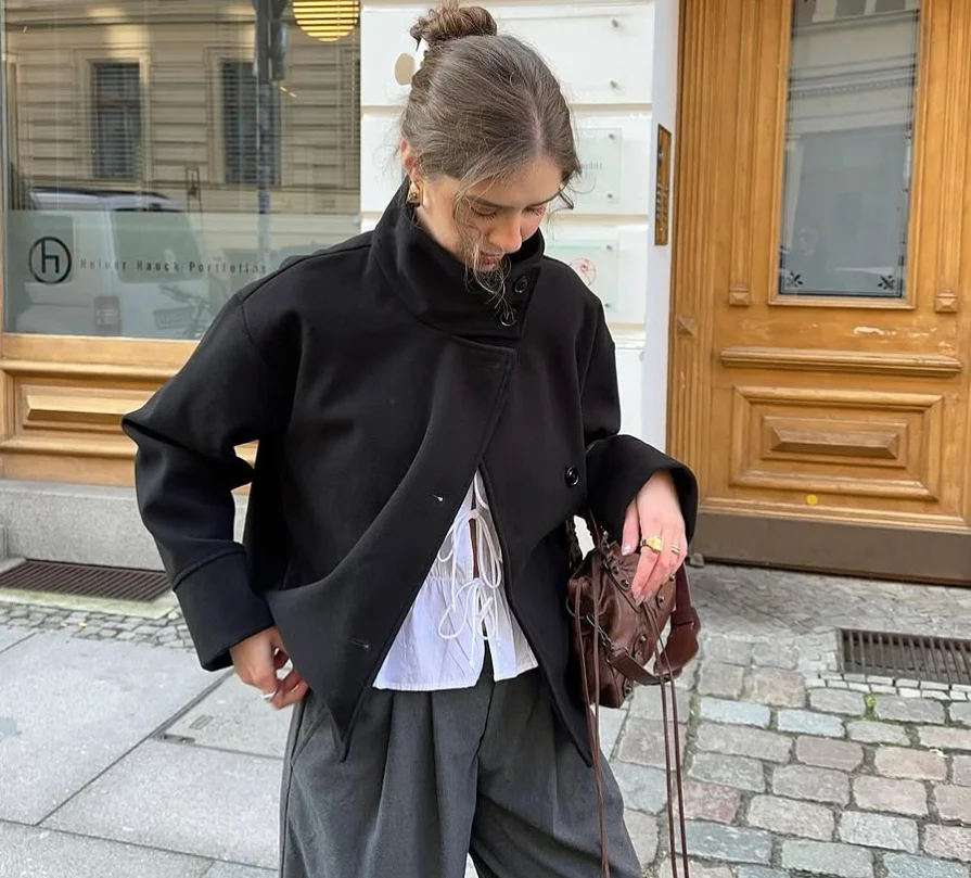 Dunkelblaue Wolljacke für Damen, 2025, Frühling, einreihig, Stehkragen, lockerer weiblicher Mantel, Bürodame, Straße, kurze Oberbekleidung, Tops – Detail 19