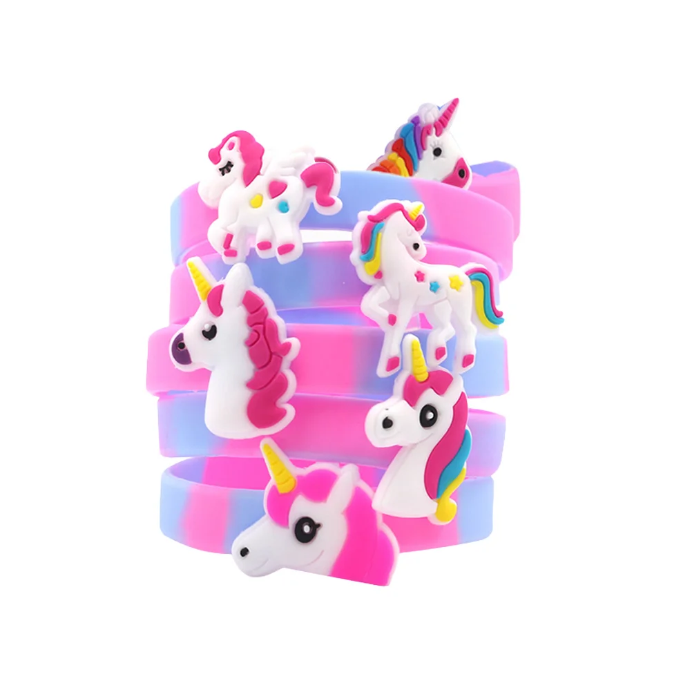 Pulseira de unicórnio para crianças, 6 peças, colorida, à prova d'água, pulseiras de silicone, lembrança de festa, conjunto de presente de halloween, bolsa de presentes, recompensas escolares