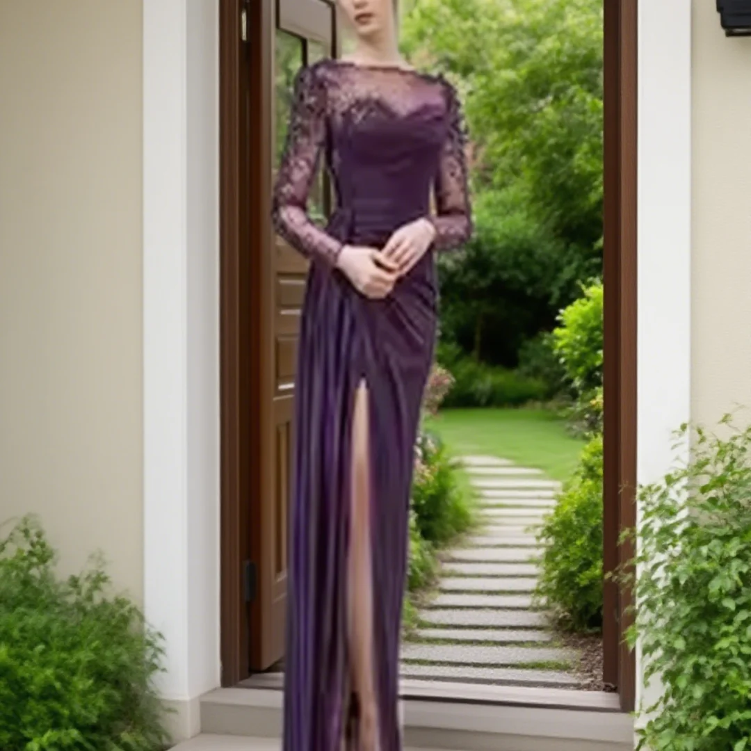 

Customize the classic boat-neck long-sleeved lace floor-length mermaid ball gown for ladies, suitable for formal evening events.