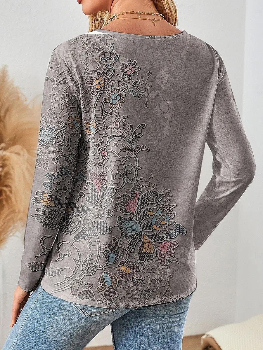 Women's T-Shirts Retro Floral Graphic plants Elegant Trendy Tees  V-Neck Long Sleeve T-shirts Regular Tops Pullover Fall Winter