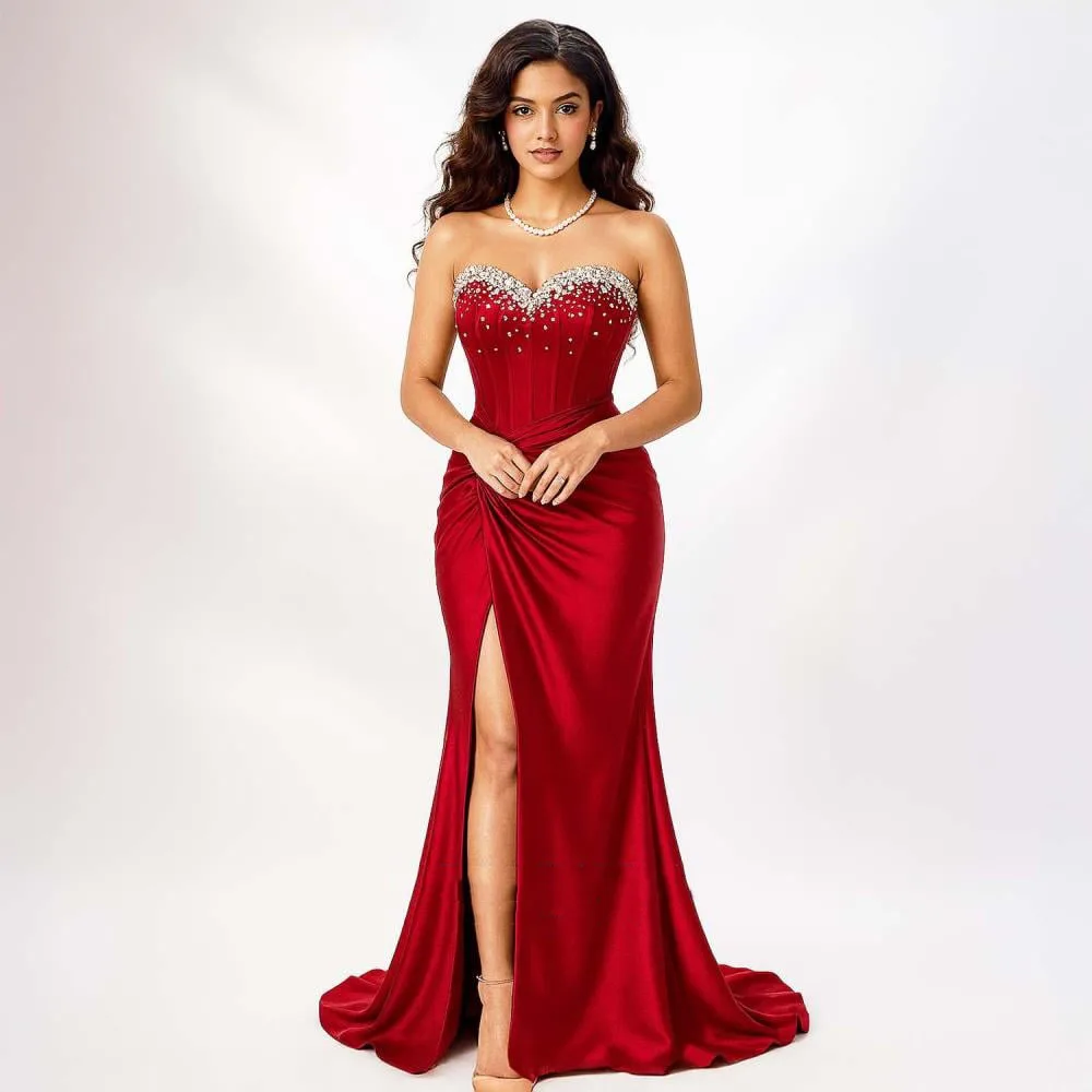 

Msikoods Red Prom Dresses 2025 Corset Strapless Rhinestone Satin Sexy High Slit Evening Dress Birthday Party Gown Customizd