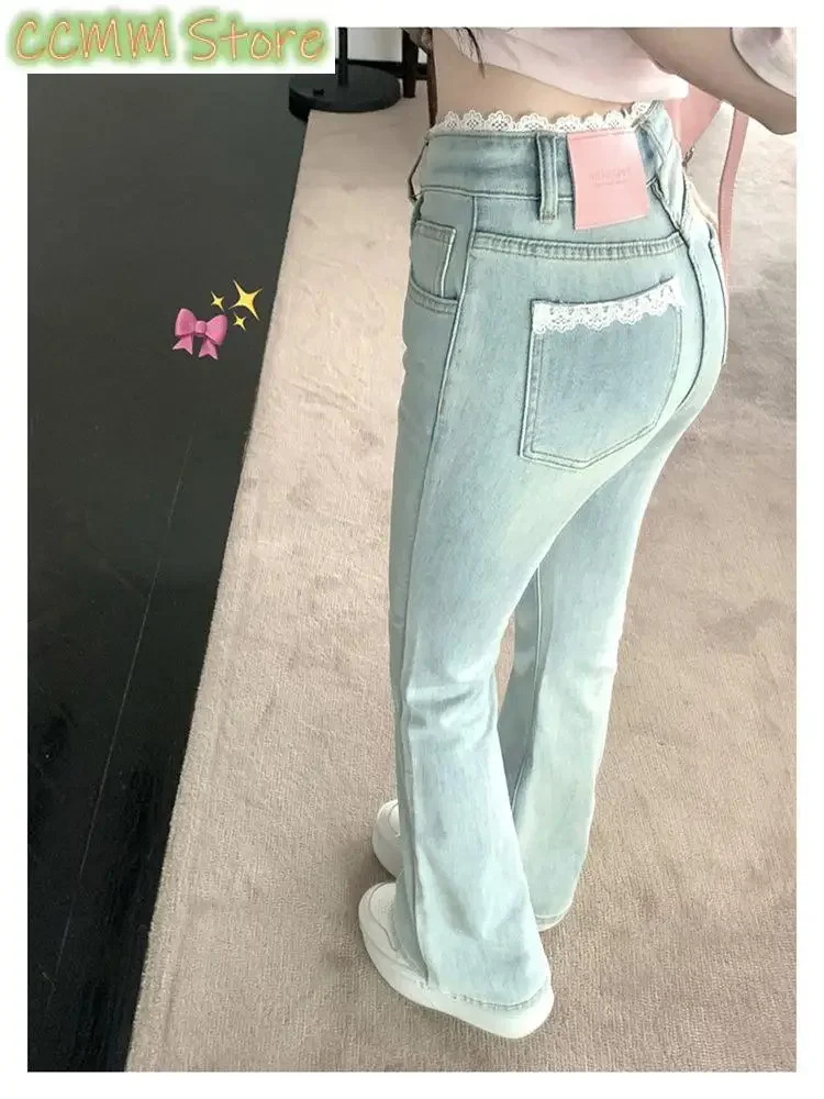 

Women's Lace Design Light Blue Micro Flared Jeans Summer Street Denim Trousers Young Girl Bottoms Female Straight Skinny Pants