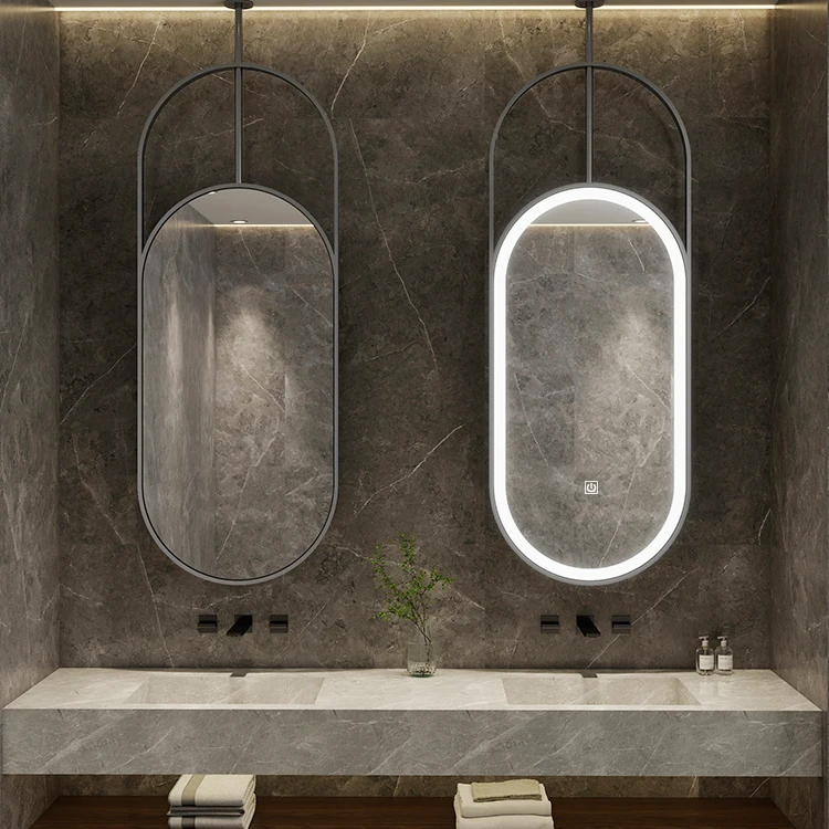Modern Double Rod Hanging Induction Smart Bath Mirror Elegant Ceiling Design For Hotels Barber Shops Makeup Studios